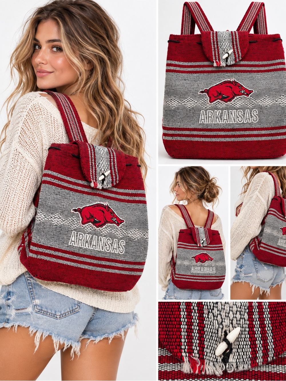 Arkansas Razorbacks Woven Baja Jerga Backpack Red Gray Hog Logo Drawstring